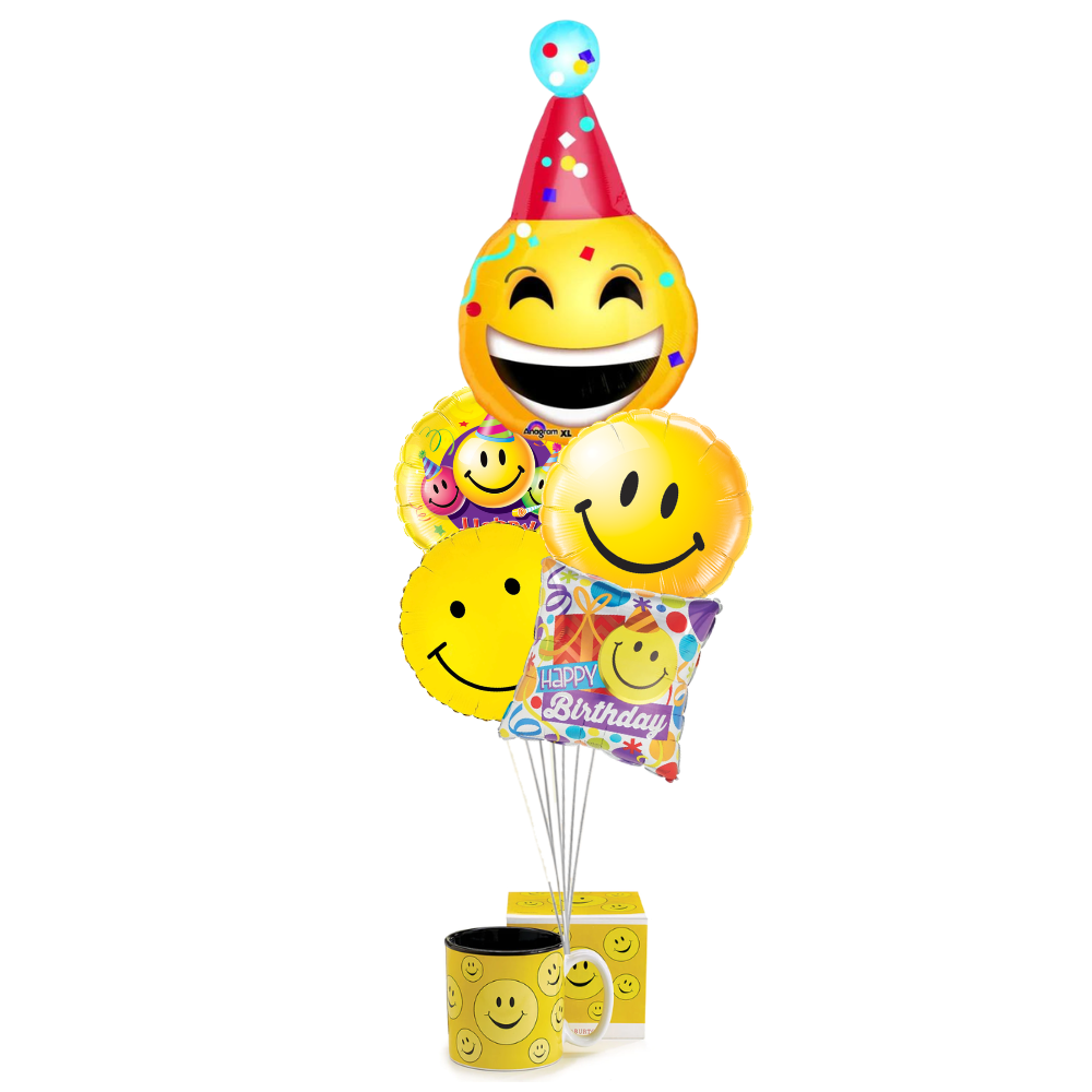 Smiley Face Birthday Balloon Bouquet & Mug Set