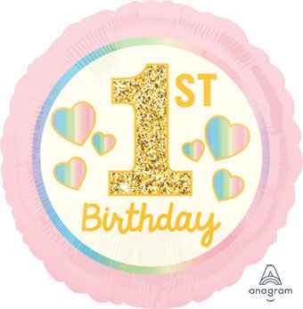 1st Birthday Girl Pink Hearts 18" Foil Balloon