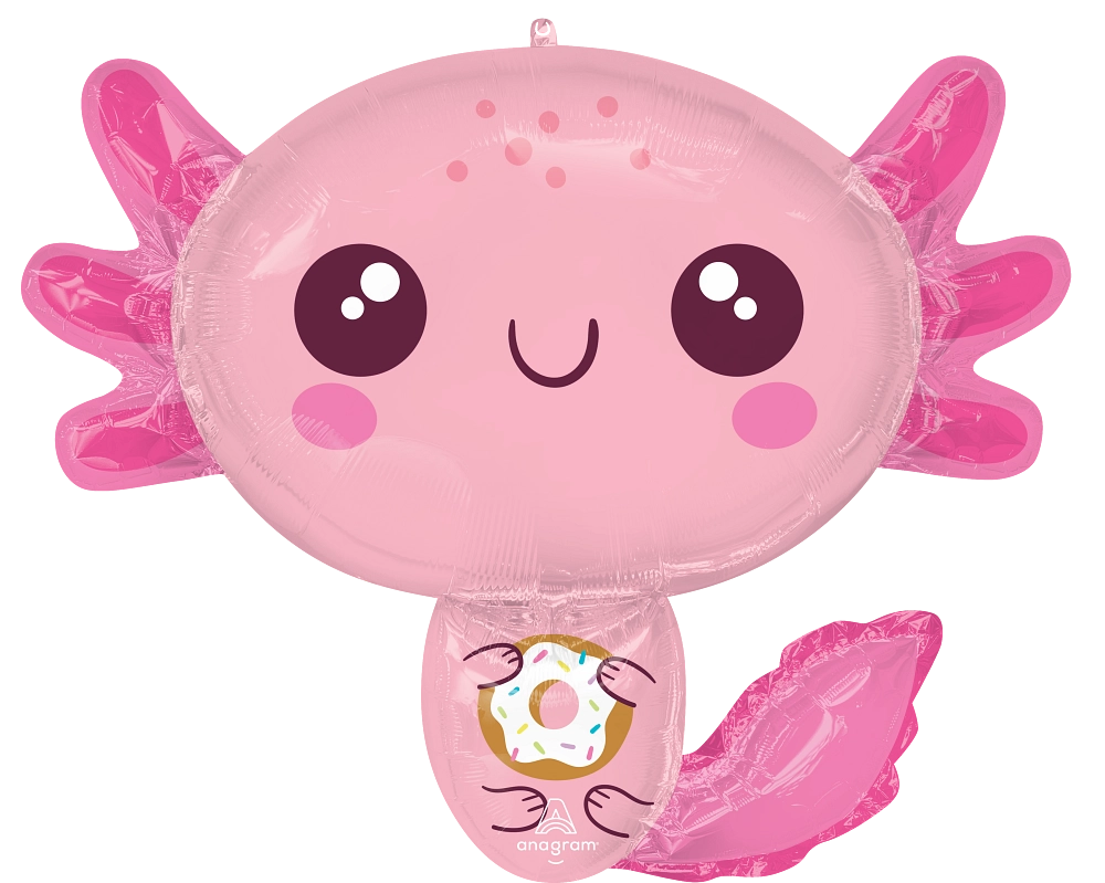 Pink Axolotl Holding a Donut Foil Balloon