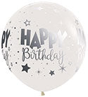 jumbo latex balloon that is clear with silver stars and happy birthday print