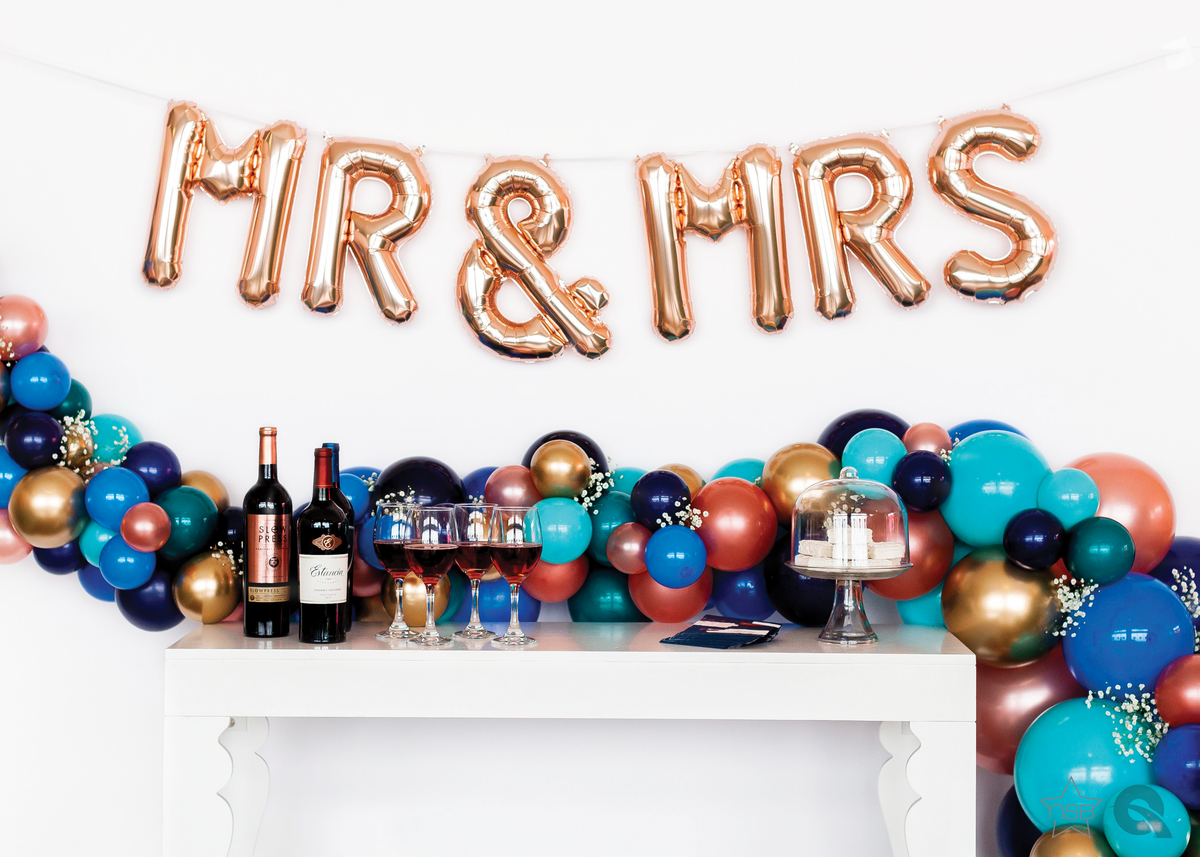 Non-floating, Rose Gold Mr and Mrs Hanging Balloon Set