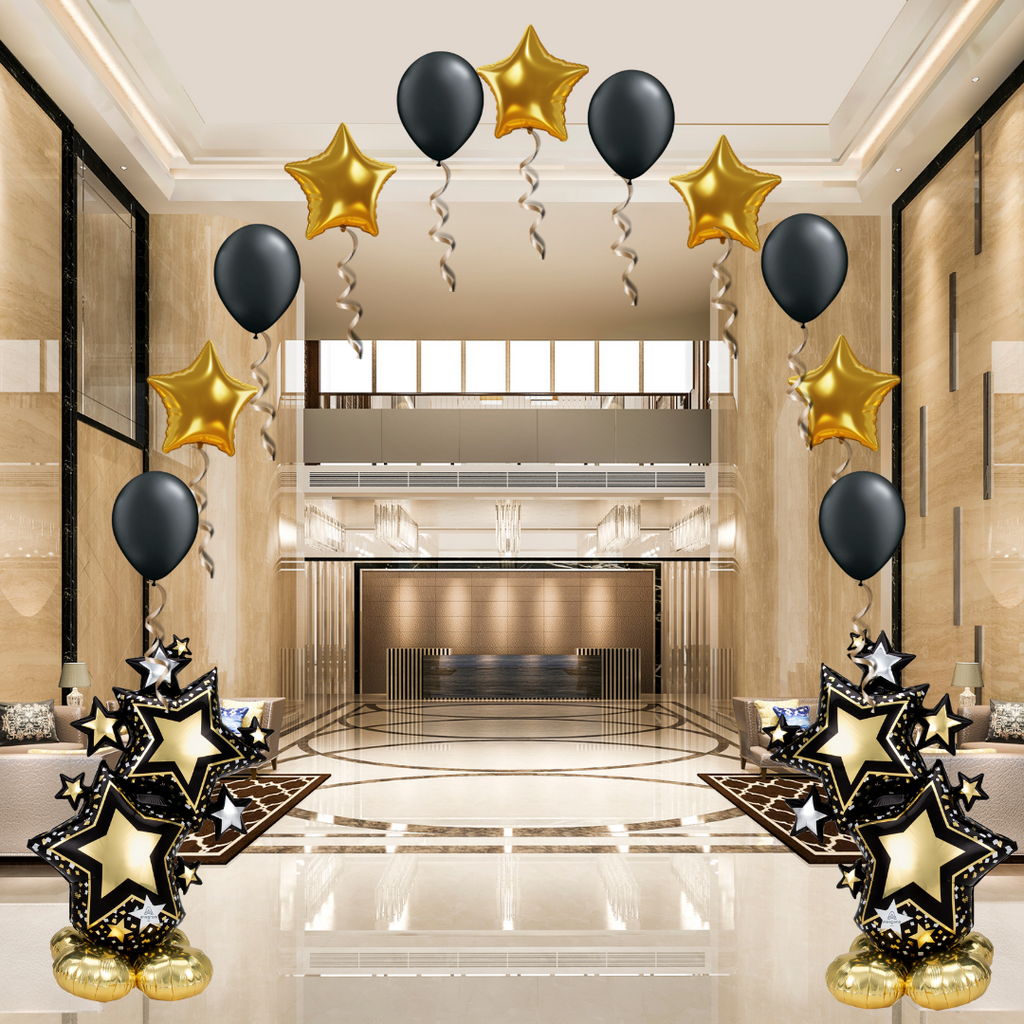Airloonz Giant Elegant Black and Gold Star Cluster Balloon Display double entrance sop mixed arch