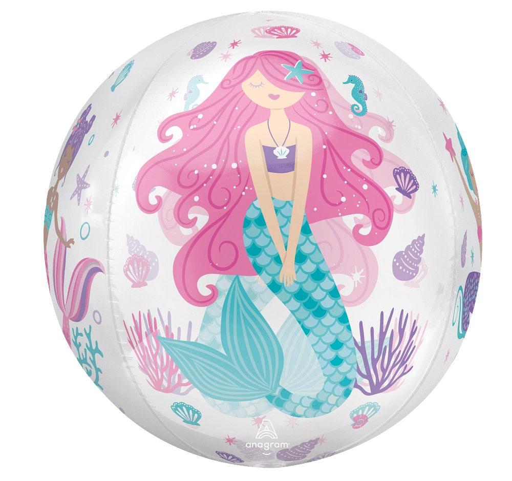 A round clear plastic balloon printed with a cute mermaid illustration. The mermaid has long pink hair, a purple top, and a teal-blue tail, surrounded by sea plants, shells, and seahorses on a white background.