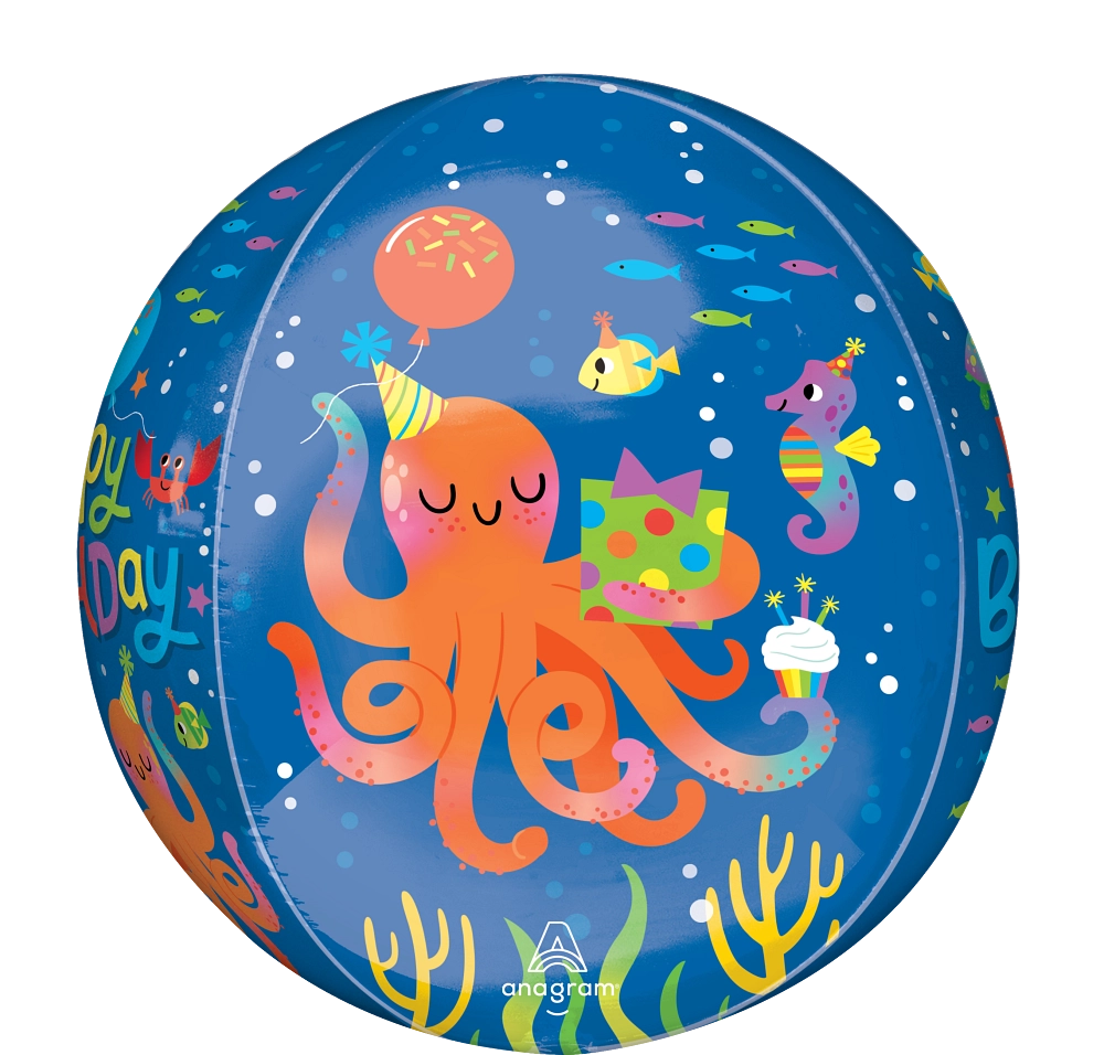 15 inch cute octopus birthday Orbz foil balloon with coordinating ribbon