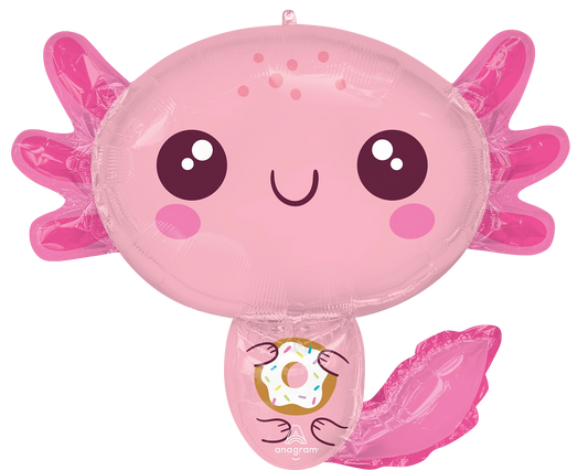 Pink Axolotl Holding a Donut Foil Balloon