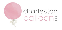 Logo of pInk balloon with white bow Charleston Balloon Co Text