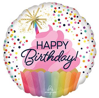 Happy BIrthday Confetti Pink Rainbow Cupcake Sprinkles 18" Foil Balloon