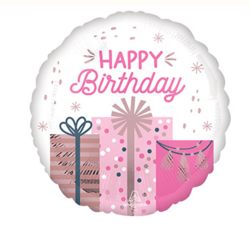 happy birthday foil balloon with printed gift boxes and presents