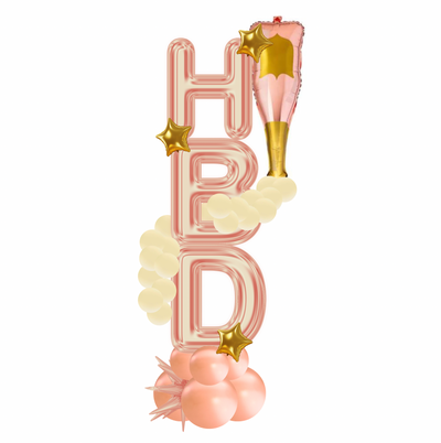 The HBD Metallic Birthday Bottle Column is a tall column where HBD is vertical and accented with a bottle garland and stars on a base.