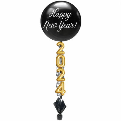 This gft balloon is 30" black latex that is vinyl personalized to say "Happy New Year" with a 2024 in gold balloon numbers hanging down it, and silver streamers.