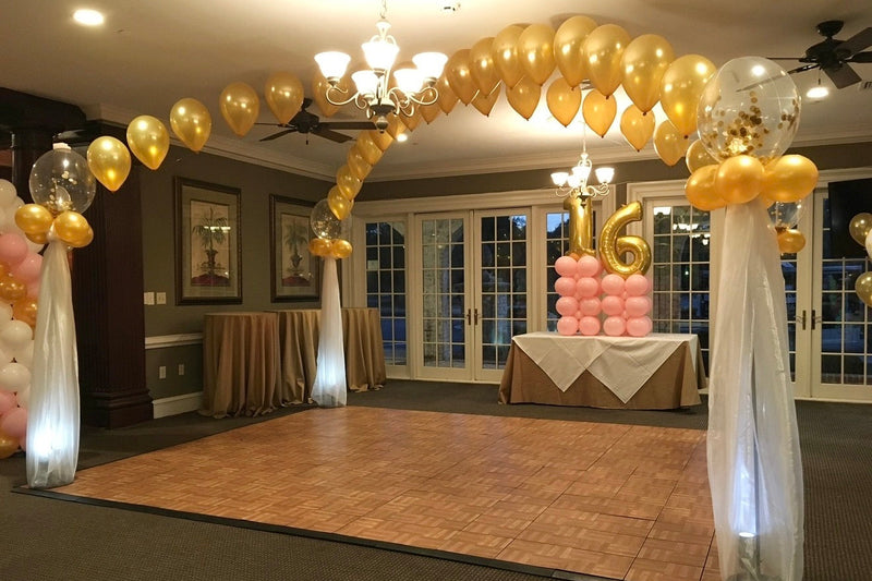 sweet 16 balloon arch gold and pink 