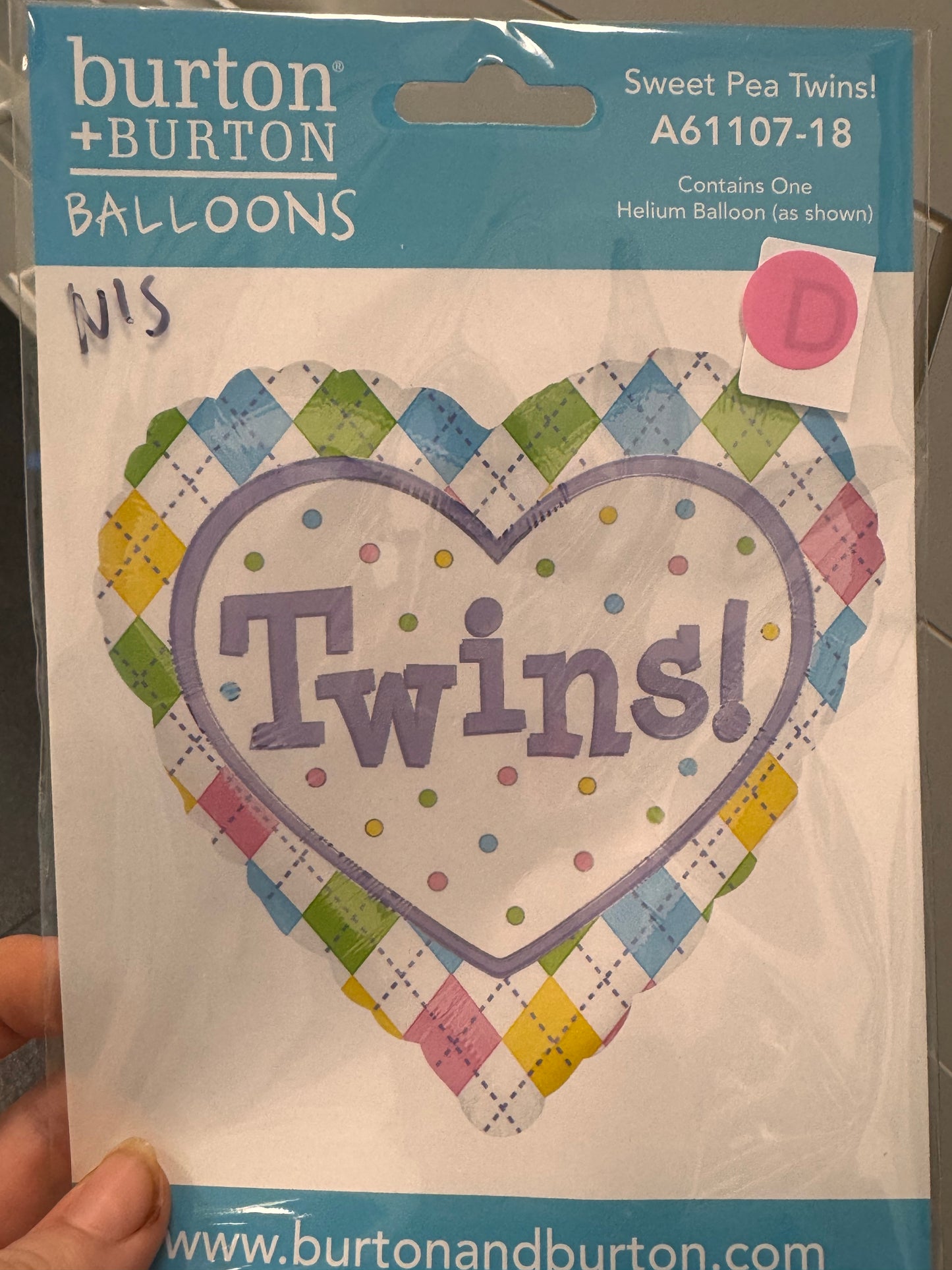 Sweet Pea Twins plaid heart 18 inch foil balloon Burton and Burton – twin baby shower helium balloon