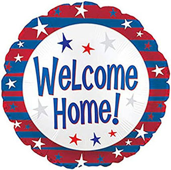 welcome home foil balloon with printed stripes & stars