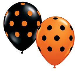 product image of 11 inch latex balloon with a print of two toned polka dots in orange + black