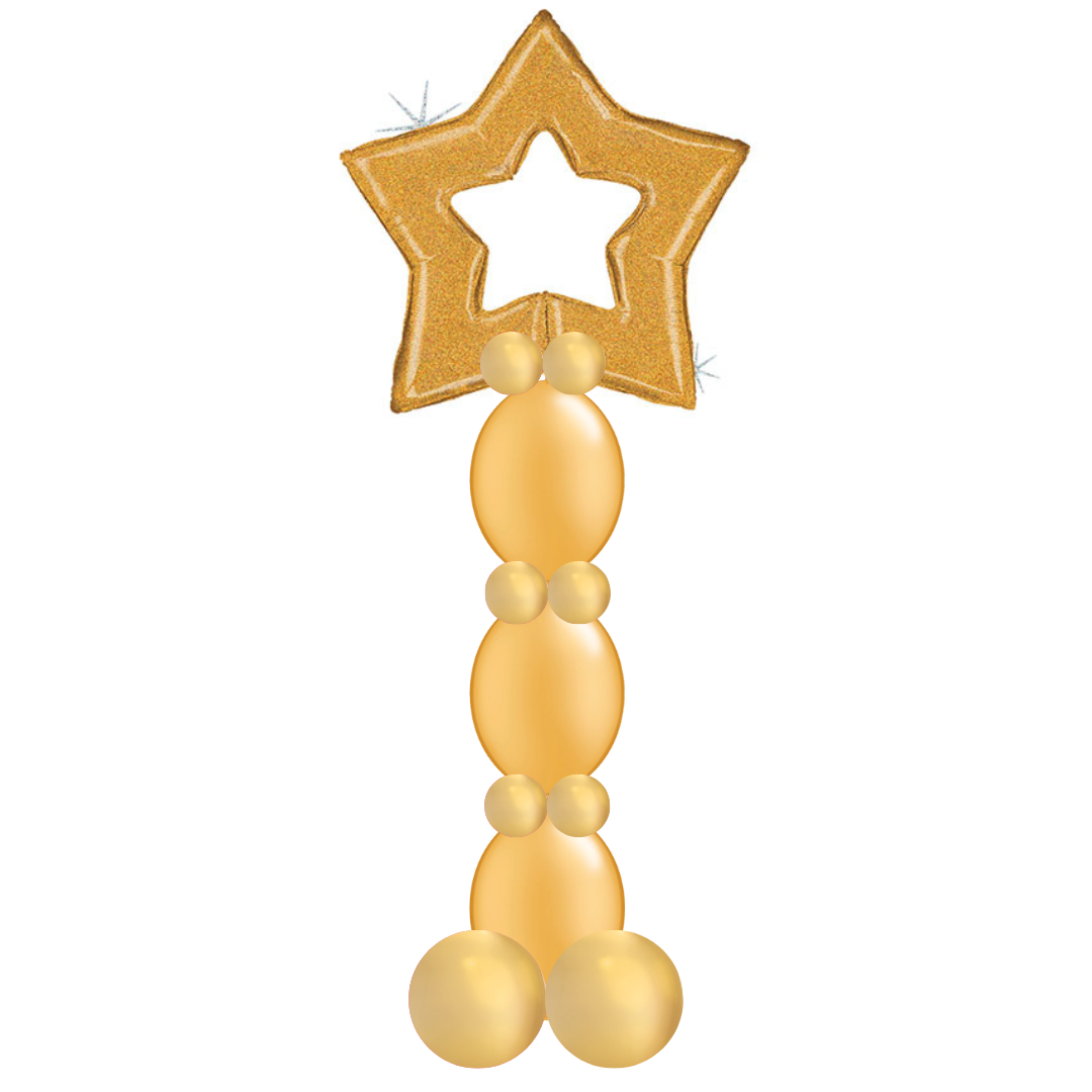 This colorful or monochromatic star topped column is a fun way to spruce up any surprise party or to just fill a corner at the next school dance.  Gold star with golden balloon column. 