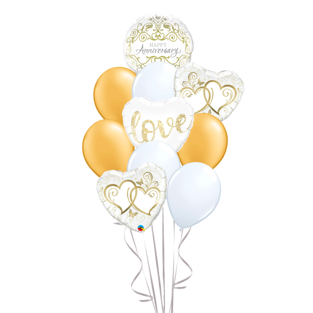 Happy Anniversary! White & Gold Delivery Bouquet (11 Balloons)