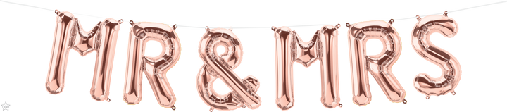 Non-floating, Rose Gold Mr and Mrs Hanging Balloon Set