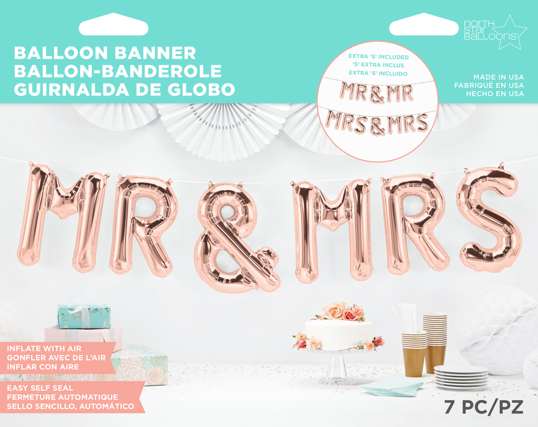 Non-floating, Rose Gold Mr and Mrs Hanging Balloon Set