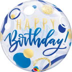 Happy Birthday Blue & Gold Dots Bubble Balloon (22 Inch)