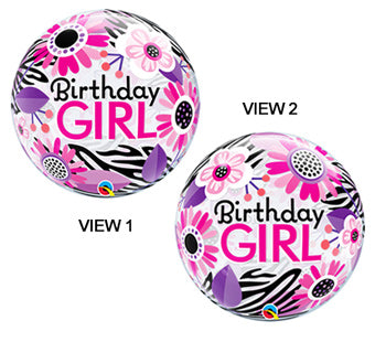 Birthday Girl Pink Zebra Stipe Bubble Balloon (D)