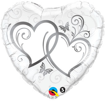 silver entwined hearts foil balloon with printed butterflies