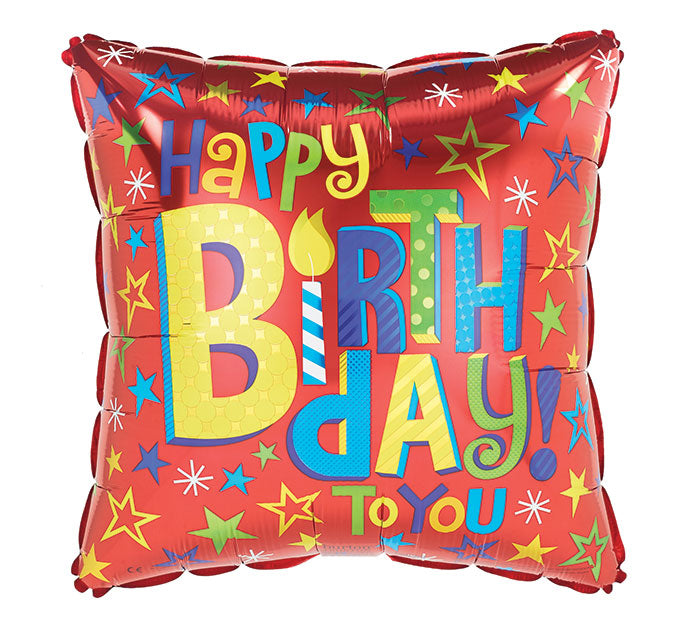 Happy Birthday To You Stars Red Square 18" Foil Balloon (D)